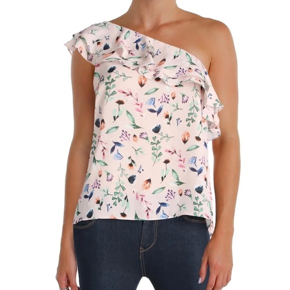 Aqua Floral Print One Shoulder Top - Picture 1 of 4